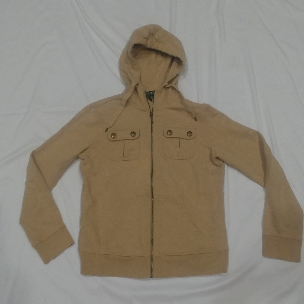 Ralph Lauren beige full Zip Up Hoodie Jacket ATHLEISURE - Picture 1 of 13
